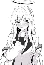 Rule 34 | 1girl, blue archive, blush, index finger raised, jacket, looking at viewer, necktie, noa (blue archive), shirt, simple background, solo, tennen inari, upper body, white background, white hair, white jacket, white shirt
