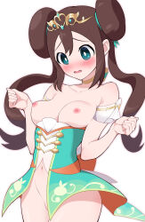 Rule 34 | 1girl, absurdres, armlet, bare shoulders, blush, breasts, breasts out, bright pupils, brown hair, choker, collarbone, commentary request, cowboy shot, creatures (company), double bun, game freak, green eyes, hair bun, hands up, highres, long hair, looking down, maki (letusgomaki), navel, nintendo, nipples, official alternate costume, open mouth, pokemon, pokemon masters ex, raised eyebrows, rosa (champion) (pokemon), rosa (pokemon), solo, sweatdrop, tiara, white pupils, yellow choker