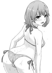 Rule 34 | 1girl, absurdres, ass, ass focus, bent over, bikini, bikini print, blush, breasts, butt crack, commentary request, cowboy shot, from behind, greyscale, halterneck, highres, inanaki shiki, isshiki iroha, leaning forward, looking at viewer, looking back, monochrome, open mouth, short hair, side-tie bikini bottom, simple background, small breasts, solo, swimsuit, wet, white background, yahari ore no seishun lovecome wa machigatteiru.