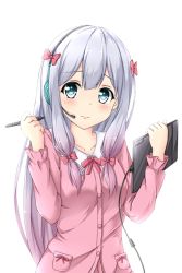 Rule 34 | 10s, 1girl, aqua eyes, bow, closed mouth, commentary request, eromanga sensei, hair bow, headset, izumi sagiri, long hair, pajamas, pink bow, silver hair, simple background, solo, stylus, tablet pc, tia yu, upper body, white background
