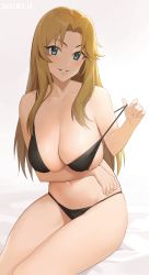Rule 34 | 1girl, absurdres, arm under breasts, bare arms, bare shoulders, bed sheet, bikini, black bikini, blonde hair, blue eyes, blush, breasts, cleavage, collarbone, commentary request, dated, highres, idolmaster, idolmaster cinderella girls, large breasts, long hair, matsumoto sarina, navel, onao, parted bangs, parted lips, pulling own clothes, simple background, sitting, smile, solo, strap pull, swimsuit, undressing, very long hair, white background