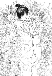 Rule 34 | 1boy, absurdres, black jacket, chainsaw man, collared shirt, earrings, flower, formal, greyscale, hayakawa aki, highres, jacket, jewelry, lily (flower), lineart, looking to the side, male focus, monochrome, necktie, nenashibito, shirt, shirt tucked in, short hair, solo, stud earrings, suit, suit jacket, topknot