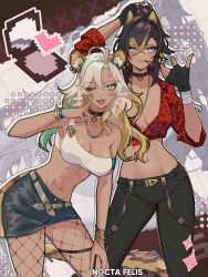 2girls ;d absurdres animal_ears bare_arms bare_shoulders black_choker black_gloves black_hair black_pants black_skirt blonde_hair blue_eyes breasts choker cleavage commentary cowboy_shot dark_skin dehya_(genshin_impact) english_commentary fingerless_gloves fishnet_pantyhose fishnets genshin_impact gloves green_eyes heart highres jaguar_ears jaguar_girl jaguar_tail leggings long_hair looking_at_viewer midriff miniskirt multiple_girls navel nocta_felis one_eye_closed open_mouth pants pantyhose pencil_skirt red_shirt shirt single-shoulder_shirt single_strap skirt smile standing tail thighs white_shirt xilonen_(genshin_impact)