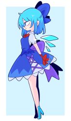 Rule 34 | 1girl, blue background, blue bow, blue eyes, blue footwear, blue hair, blue skirt, blue vest, bow, bowtie, breasts, cirno, collared shirt, from side, full body, hair bow, high heels, highres, ice, ice wings, medium skirt, op na yarou, puffy short sleeves, puffy sleeves, purple bow, purple sash, red bow, red bowtie, red ribbon, ribbon, sash, shirt, short hair, short sleeves, skirt, skirt set, small breasts, solo, touhou, vest, white shirt, wings, wrist ribbon