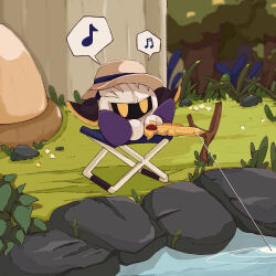 Rule 34 | 1boy, 93mai, armor, chair, commentary request, fishing, folding chair, galaxia (sword), grass, holding, holding sword, holding weapon, kirby (series), kirby and the forgotten land, mask, meta knight, musical note, nintendo, outdoors, pauldrons, shoulder armor, sitting, solo, spoken musical note, sword, weapon, yellow eyes