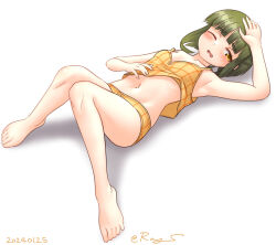 Rule 34 | barefoot, bob cut, breasts, brown eyes, camisole, collarbone, green hair, kantai collection, looking at viewer, lying, one-hour drawing challenge, one eye closed, panties, ray.s, short hair, short hair with long locks, simple background, small breasts, takanami (kancolle), underwear, underwear only, white background, yellow camisole, yellow panties