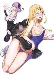 Rule 34 | 10s, 2girls, :d, ass, black legwear, black panties, blonde hair, blush, breasts, cameltoe, camisole, censored, censored nipples, cleavage, covered erect nipples, dagashi kashi, detached sleeves, ear piercing, endou saya, hair ornament, hairclip, heart, heart censor, isao, large breasts, long hair, looking at viewer, multiple girls, no bra, open mouth, panties, pantyhose, piercing, purple hair, purple panties, shidare hotaru, skirt, small breasts, smile, teeth, tongue, transparent background, underwear