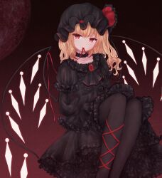 Rule 34 | 1girl, alternate costume, ascot, bebitera, black ascot, black choker, black dress, black pantyhose, blonde hair, brooch, choker, collarbone, crystal, dress, feet out of frame, flandre scarlet, flat chest, frills, gothic lolita, hat, highres, jewelry, juliet sleeves, leg ribbon, light smile, lolita fashion, long sleeves, looking at viewer, medium hair, mob cap, moon, mouth hold, one side up, pantyhose, puffy sleeves, red background, red eyes, red ribbon, ribbon, simple background, sitting, solo, touhou, wings