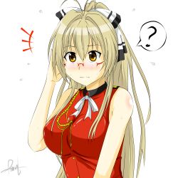 Rule 34 | 10s, 1girl, ?, ^^^, absurdres, aiguillette, amagi brilliant park, antenna hair, bare shoulders, blush, bow, breasts, brown eyes, brown hair, glasses, hair bow, highres, large breasts, long hair, mush (mushlicious), ponytail, red-framed eyewear, sento isuzu, solo, sweat, white background