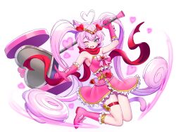 Rule 34 | 1girl, ahoge, animal ears, cat ears, cat girl, dress, full body, gloves, green eyes, heart, holding, holding weapon, long hair, looking at viewer, magical girl, mel6969, one eye closed, pink dress, pink gloves, pink hair, rosia (show by rock!!), show by rock!!, sleeveless, sleeveless dress, solo, thigh strap, tiara, twintails, weapon, white background