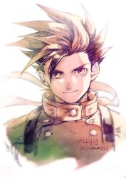Rule 34 | 1boy, brown theme, cropped torso, dated, high collar, jacket, lloyd irving, looking at viewer, male focus, monochrome, shin (sinsin12121), simple background, smile, solo, spiked hair, suspenders, tales of (series), tales of symphonia, twitter username, upper body