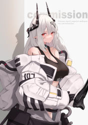 Rule 34 | 1girl, absurdres, arknights, asumi maboroshi, bare shoulders, black choker, black gloves, breasts, choker, cleavage, commentary request, gloves, grey background, helmet, highres, holding, holding helmet, horns, infection monitor (arknights), large breasts, long hair, long sleeves, looking at viewer, material growth, mudrock (arknights), oripathy lesion (arknights), pointy ears, red eyes, silver hair, solo, sports bra, upper body