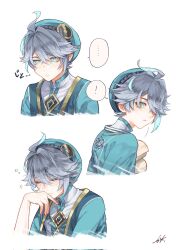 Rule 34 | !, ..., 1boy, aged down, ahoge, akademiya uniform, alhaitham (genshin impact), alternate costume, antenna hair, aqua eyes, aqua hair, artist name, asymmetrical sidelocks, blue headwear, blue jacket, blue shirt, closed mouth, colored inner hair, commentary request, cropped torso, from side, genshin impact, gold trim, grey hair, hair between eyes, hair over one eye, hand rest, hat, highres, jacket, looking at viewer, looking to the side, male focus, multicolored eyes, multicolored hair, multiple views, one eye covered, open clothes, open jacket, paper, parted bangs, rokuroku 6ta, rolled up paper, shirt, short hair, sidelocks, signature, simple background, sleeping, speech bubble, streaked hair, swept bangs, two-tone hair, white background, white shirt