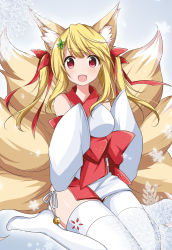 Rule 34 | 1girl, animal ears, bad id, bad pixiv id, bare shoulders, bell, blonde hair, blush, breasts, fox ears, fox girl, fox tail, hair ornament, hair ribbon, kitsune, kyuubi, long hair, looking at viewer, multiple tails, nontraditional miko, open mouth, original, panties, red eyes, ribbon, side-tie panties, sitting, smile, solo, syno, tail, thighhighs, twintails, underwear