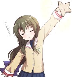 Rule 34 | 1girl, = =, arm at side, arm up, blue skirt, blush, bow, chestnut mouth, clannad, closed eyes, commentary, facing viewer, flat chest, hair between eyes, hair bow, highres, hikarizaka private high school uniform, holding, holding star, ibuki fuuko, jacket, long hair, low-tied long hair, open mouth, outstretched arm, purple bow, sailor collar, school uniform, sidelocks, simple background, skirt, sleeves past wrists, solo, star (symbol), starfish, takepoison, translated, upper body, v-shaped eyebrows, very long hair, white background, white sailor collar, yellow jacket