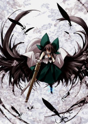 Rule 34 | 1girl, arm cannon, black hair, black wings, bow, cape, feathers, female focus, hair bow, long hair, looking at viewer, page (page1555), reiuji utsuho, shirt, skirt, solo, thighhighs, touhou, weapon, wings, yellow eyes