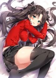 Rule 34 | 1girl, black hair, black skirt, black thighhighs, blue eyes, blush, breasts, fate/stay night, fate (series), impossible clothes, impossible shirt, long hair, looking at viewer, no shoes, open mouth, ribbon, riichu, shirt, skirt, smile, solo, sweater, thighhighs, tohsaka rin, tsundere, two side up, zettai ryouiki
