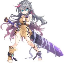 1girl artist_request barefoot belt blue_eyes breasts broken broken_chain chain collar covered_navel full_body game_cg grey_hair huge_weapon legend_clover multicolored_hair official_art open_mouth pink_hair scar scar_on_arm scar_on_face scar_on_feet scar_on_leg sideboob spartacus_(legend_clover) sword third-party_source transparent_background weapon