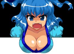 Rule 34 | 1girl, alternate color, angry, bad id, bad pixiv id, black background, blue eyes, blue hair, breasts, cleavage, fang, female focus, large breasts, matching hair/eyes, mono (moiky), onozuka komachi, open mouth, solo, touhou, transparent background, upper body