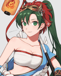 Rule 34 | 1girl, bandages, bandeau, blue skirt, breasts, chest sarashi, cleavage, collarbone, earrings, fire emblem, fire emblem: the blazing blade, fire emblem heroes, green eyes, green hair, highres, jewelry, large breasts, long hair, lyn (fire emblem), mask, mask on head, midriff, nintendo, official alternate costume, peach11 01, ponytail, sarashi, short sleeves, simple background, single bare shoulder, single sleeve, skirt, smile, solo, stomach, strapless, tube top, upper body, very long hair, white background
