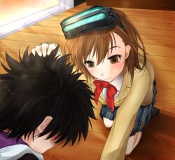 Rule 34 | 1boy, 1girl, arm up, black hair, black jacket, blazer, blush, bow, bowtie, brown hair, brown jacket, closed mouth, commentary request, crying, empty eyes, hair between eyes, hand on another&#039;s head, head-mounted display, hood, hood down, indoors, jacket, kamijou touma, light smile, long sleeves, looking at another, looking down, medium hair, miniskirt, misaka imouto, misaka network sotai, plaid, plaid skirt, pleated skirt, red bow, red bowtie, scene reference, school uniform, shin (highest1192), shirt, short hair, skirt, spiked hair, spoilers, teardrop, tears, toaru majutsu no index, toaru majutsu no index: new testament, tokiwadai school uniform, white shirt, wooden floor