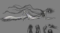 Rule 34 | bloodborne, character sheet, closed mouth, concept art, extra breasts, grey background, greyscale, hair over eyes, kos (bloodborne), long hair, messy hair, monochrome, monster, multiple views, original, parted lips, scales, shenyuan ren, simple background, smile
