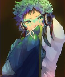 Rule 34 | 1other, androgynous, blue eyes, dress, facepaint, facial mark, feathers, forehead mark, gnosia, green hair, headphones, highres, long sleeves, looking at viewer, makeup, other focus, raqio, short hair, simple background, solo, tattoo, upper body, user mtgd3735