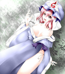 Rule 34 | 1girl, arm up, arms behind back, bare legs, bare shoulders, bow, breasts, cleavage, collarbone, female focus, grey background, hat, highres, japanese clothes, kimono, large breasts, legs, looking away, off shoulder, open hand, open mouth, panties, parad@ jibaku rei, pink eyes, pink hair, saigyouji yuyuko, short hair, side-tie panties, side slit, sitting, smile, solo, string, thighs, touhou, triangular headpiece, underwear
