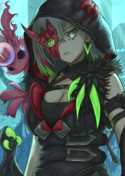 Rule 34 | 1girl, absurdres, breasts, cleavage, colored tips, commentary, detached sleeves, diabellstar the black witch, duel monster, gloves, green eyes, green hair, half mask, highres, hood, hood up, large breasts, magenta, mask, medium hair, multicolored hair, pale skin, red mask, single sleeve, snake-eyes poplar, solo, yu-gi-oh!