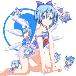 Rule 34 | !, circled 9, 0 0, 6+girls, all fours, biting, blue eyes, blue hair, blue panties, bow, camisole, cirno, codemofel, flat chest, hair bow, kneeling, lingerie, lowres, multiple girls, panties, pov, skirt, strap slip, touhou, underwear