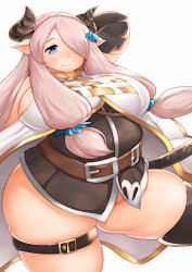 Rule 34 | 10s, 1girl, absurdres, bare shoulders, blue eyes, blush, breasts, cow girl, cow horns, cropped legs, dress, fat, female focus, fusa (starless2323), granblue fantasy, hair over one eye, highres, horns, huge breasts, light purple hair, long hair, looking at viewer, narmaya (granblue fantasy), no panties, plump, pointy ears, short dress, sideboob, simple background, skindentation, smile, solo, sword, thick thighs, thigh strap, thighhighs, thighs, weapon, wide hips