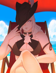 Rule 34 | 1girl, ascot, beach, bikini, blonde hair, bloodborne, blue eyes, breasts, hat, hat feather, koyorin, lady maria of the astral clocktower, long hair, looking at viewer, navel, ponytail, solo, swimsuit, the old hunters, white hair