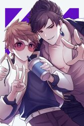 Rule 34 | 2boys, belial (granblue fantasy), belt, black hair, black jacket, black pants, brown hair, collared shirt, cup, disposable cup, drinking straw, earrings, gran (granblue fantasy), granblue fantasy, grey shirt, highres, holding, holding cup, jacket, jewelry, kishire0324, large pectorals, male focus, multiple boys, multiple rings, muscular, muscular male, open clothes, open jacket, pants, pectorals, ring, shirt, short hair, sunglasses, tinted eyewear, v, white belt, white jacket