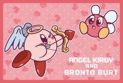 Rule 34 | aiming, arms up, arrow (projectile), black eyes, blush, blush stickers, border, bow (weapon), bronto burt, character name, cupid kirby, drawing bow, english text, eye contact, from side, full body, halo, heart, heart arrow, heart background, highres, holding, holding arrow, holding bow (weapon), holding weapon, kirby, kirby (series), looking at another, miwa (ahyuck), nintendo, no humans, one eye closed, open mouth, outline, pink background, red border, solid oval eyes, weapon, white outline, white wings, wings