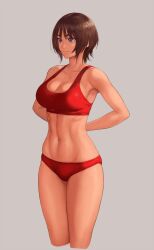 Rule 34 | 1girl, arms behind back, blue eyes, breasts, brown hair, buruma, closed mouth, commentary, cropped legs, grey background, large breasts, long bangs, muscular, muscular female, navel, original, red buruma, red sports bra, short hair, shu-mai, simple background, smile, solo, sports bra