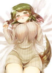 Rule 34 | 1girl, animal ears, blush, breasts, gluteal fold, green eyes, green hair, highres, kasodani kyouko, large breasts, looking at viewer, lying, matching hair/eyes, naked sweater, on back, open mouth, ribbed sweater, sakimori dan, short hair, solo, sweater, tail, touhou