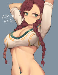 Rule 34 | 1girl, absurdres, arms up, blue background, braid, breasts, cleavage, closed mouth, commentary, crop top, durin (liangzi tai hongcha), earrings, green eyes, highres, jewelry, language request, large breasts, liangzi tai hongcha, long hair, looking at viewer, navel piercing, original, piercing, red hair, shirt, short sleeves, simple background, slit pupils, smile, solo, stomach, stud earrings, twin braids, upper body, white shirt