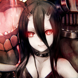 Rule 34 | 10s, 1girl, abyssal ship, bad id, bad pixiv id, bare shoulders, battleship princess, black hair, choker, face, horns, kantai collection, long hair, looking at viewer, pale skin, red eyes, smile, solo, teroru