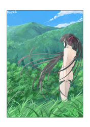Rule 34 | 1girl, ass, back, black eyes, black hair, black ribbon, blue sky, cloud, day, feet out of frame, flat chest, floating hair, from behind, grass, hair ribbon, highres, holding, long hair, looking back, mountainous horizon, nature, nude, original, outdoors, ponytail, ribbon, roreru (rorerore-ya), sidelocks, signature, sky, solo, standing, tree, very long hair, wind