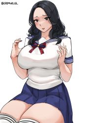 Rule 34 | 1girl, absurdres, black hair, blue sailor collar, blue skirt, blush, breasts, brown eyes, cowboy shot, cromwellb, highres, large breasts, long hair, parted lips, pleated skirt, real life, rinrin marinka, sailor collar, school uniform, serafuku, shirt, short sleeves, simple background, skindentation, skirt, smile, solo, thick thighs, thighhighs, thighs, white background, white shirt