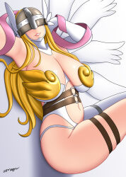 Rule 34 | 1girl, alternate breast size, angel, angel girl, angewomon, clothing cutout, curvy, digimon, digimon (creature), head wings, highres, leotard, long hair, mask, navel cutout, revealing clothes, shiny skin, smile, somegu, very long hair, wide hips, wings