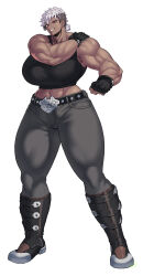 1girl abs anti-eyebrow_piercing bare_arms belt biceps black_footwear black_gloves black_tank_top boots breasts buzz_cut clenched_hand collarbone commentary creatures_(company) dark-skinned_female dark_skin ear_piercing fingerless_gloves full_body game_freak gen_2_pokemon gloves grey_hair grey_pants grin hair_between_eyes hand_on_own_shoulder hand_up highres huge_breasts low_ponytail midriff multiple_scars muscular muscular_female nintendo pants personification piercing pokemon red_eyes scar scar_on_arm scar_on_chin scar_on_face scar_on_hip short_hair short_ponytail signature simple_background smile solo spacezin standing steel-toe_boots steelix studded_belt tank_top thick_arms thick_thighs thighs very_short_hair white_background