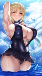 Rule 34 | 1girl, absurdres, alternate breast size, annoyed, arm behind head, armpits, artoria pendragon (alter swimsuit rider) (fate), artoria pendragon (alter swimsuit rider) (first ascension) (fate), artoria pendragon (fate), ball, beachball, bikini, blue sky, breasts, cameltoe, covered navel, curvy, fate/grand order, fate (series), food, frilled bikini, frills, highres, hirasawa seiji, huge breasts, long hair, ocean, parted lips, popsicle, sky, summer, sunlight, swimsuit, thighs, tsundere, wading, water drop, yellow eyes