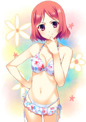 Rule 34 | &gt;:), 10s, 1girl, bikini, bob cut, breasts, cowboy shot, floral background, halterneck, hand on own hip, hand on own chin, hoshi ichi, looking at viewer, love live!, love live! school idol project, navel, nishikino maki, purple eyes, red hair, short hair, side-tie bikini bottom, small breasts, smile, solo, swimsuit, v-shaped eyebrows