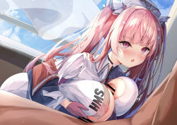 Rule 34 | 1boy, 1girl, ass grab, azur lane, bar censor, bent over, blunt bangs, blush, breasts, censored, clothed male nude female, cross hair ornament, curtains, day, gloves, grabbing own ass, hair ornament, hetero, highres, huge breasts, indoors, long hair, looking at viewer, madotsukumo, nude, out of frame, paizuri, penis, perseus (azur lane), perseus (unfamiliar duties) (azur lane), pink hair, purple eyes, twintails