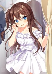 Rule 34 | 1girl, :d, absurdres, bare shoulders, blue eyes, blush, bow, brown hair, collarbone, commentary request, curtains, dress, fitting room, hair between eyes, hands up, highres, indoors, long hair, looking at viewer, mirror, moe2020, off-shoulder dress, off shoulder, one side up, open mouth, original, pleated dress, puffy short sleeves, puffy sleeves, reflection, scrunchie, short sleeves, smile, solo, very long hair, white bow, white dress, white scrunchie, wrist scrunchie, yuusa