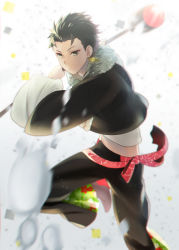 Rule 34 | 1boy, bell-bottoms, black hair, blurry, depth of field, hair slicked back, holding, kikuchi mataha, male focus, motion blur, pants, solo, two-handed, vocaloid, white background, wil (vocaloid), zola project