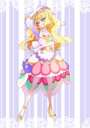 Rule 34 | 1girl, absurdres, arm up, back bow, blonde hair, blue eyes, blunt bangs, bow, bridal gauntlets, brooch, candy, choker, closed mouth, commentary, cure finale, delicious party precure, doily, dress, elbow gloves, food, food-themed hair ornament, full body, gloves, hair ornament, heart, heart brooch, high heels, highres, jewelry, kasai amane, konpeitou, large bow, long hair, looking at viewer, magical girl, miisu (minirose), multicolored clothes, multicolored dress, precure, purple background, short sleeves, smile, solo, standing, tiara, v, white bow, white choker, white gloves, wide ponytail, yellow footwear