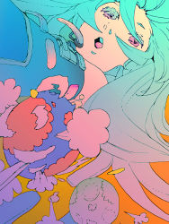 Rule 34 | 1girl, :o, aqua hair, bad id, bad pixiv id, colored eyelashes, detached sleeves, earth (planet), from below, gradient background, gradient eyes, hatsune miku, headphones, headset, long hair, microphone, multicolored eyes, mwr, open mouth, orange background, planet, smoke, solo, vocaloid