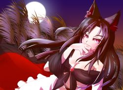 Rule 34 | 1girl, animal ear fluff, animal ears, bare shoulders, blush, breasts, brown hair, cleavage, collarbone, covering own mouth, dress, fingernails, full moon, imaizumi kagerou, jewelry, large breasts, long fingernails, long hair, long sleeves, looking at viewer, moon, nama shirasu, night, red eyes, solo, touhou, wolf ears